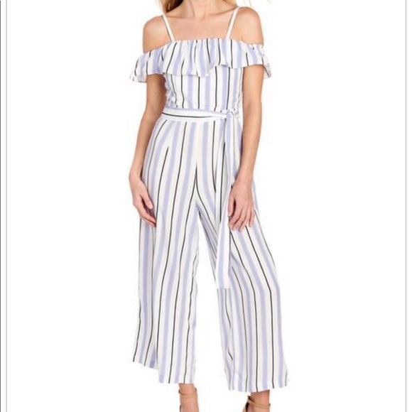 Romeo & Juliet Couture Pants - Striped off the shoulder cropped jumpsuit